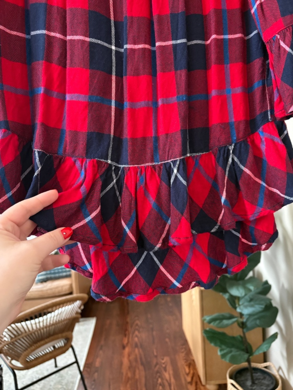 Red & Navy Plaid Ruffle Off-Shoulder Top - Picture 3 of 5